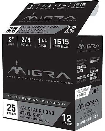 MIGRA Steel Shot STAXD Load 12 Gauge 3 in 1.25 Oz #4-6 Shot 25 Rounds Shotgun Ammunition Model: M-12S4-6